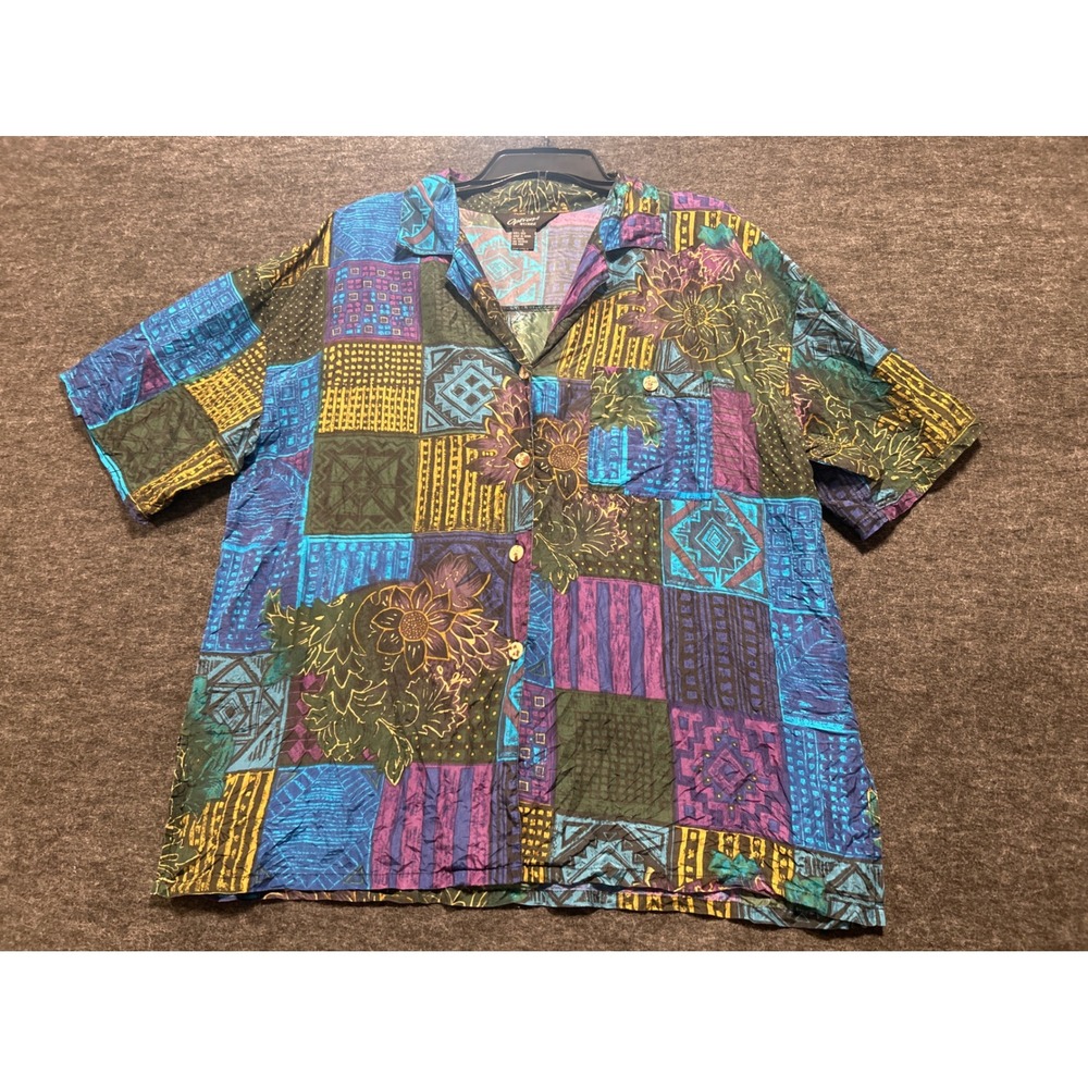 VTG Options Melrose Shirt Womens Large  100% Silk Patchwork Boho Textured 90's